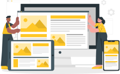 Ilustración de un hombre y una mujer manejando diferentes tamaños de pantalla de una misma web