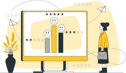 Ilustración de una mujer con maletín mirando un ordenador donde se muestra un gráfico de satisfacción. 