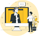 Ilustración de una conversación por videollamada entre un hombre vestido de traje con una mujer vestida de traje con unos cascos con microfono.