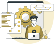 Ilustración de un hombre delante de su portátil trabajando con elementos técnicos, con un café y un libro a cada lado