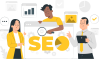 Ilustración de 3 personas trabajando en el SEO de una página web.