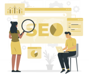 Ilustración de una mujer y un hombre trabajanda, aparece la palabra SEO en grande