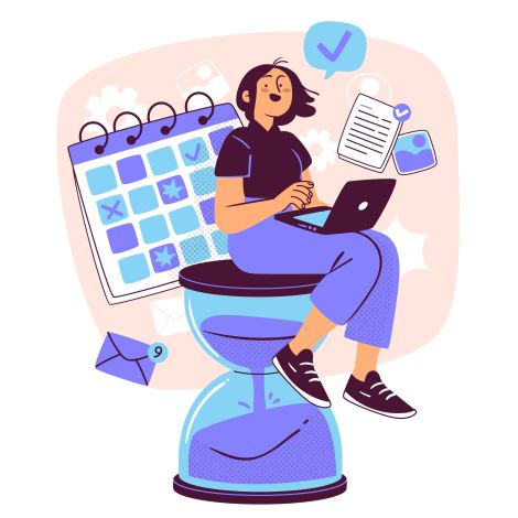 Ilustracion de una mujer sobre un reloj de arena con un portatil y un calendario de fondo