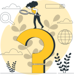Ilustración de una mujer con una lupa sobre un signo de interrogación