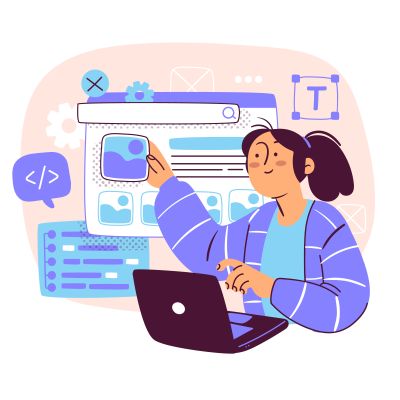 Ilustración de una diseñadora web con un portátil manejando el diseño de una página web