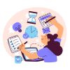 Ilustración de una mujer apuntando en una libreta y en un calendario, rodeada de elementos como un portatil, un reloj, una bombilla, etc