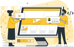 Ilustración de dos personas manejando los elementos de diseño de una página web