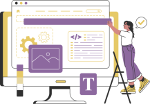 Ilustración de una chica subida a una escalera ajustando los elementos de una página web