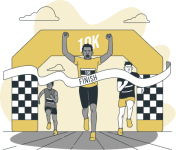 Ilustración de un hombre corriendo un maratón de 1o km que llega a la meta, y dos hombres corriendo por detrás.