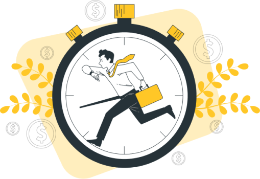 Ilustración de un hombre con traje y corbata corriendo con un maletín dentro de un cronómetro