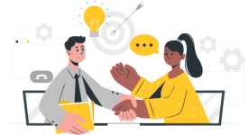 Ilustración de una mujer y un hombre dándose la mano en señal de acuerdo.