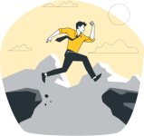 Ilustración de un hombre vestido con traje y corbata saltando un hueco entre dos rocas