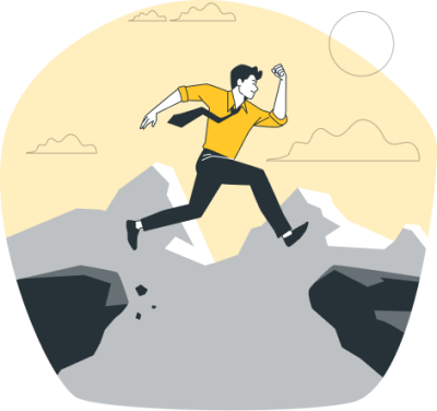 Ilustración de un hombre vestido con traje y corbata saltando un hueco entre dos rocas