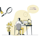 Ilustración de un hombre trabajando en su mesa con su ordenador que mira hacia arriba, hacia una mano que sostiene una lupa. Hay un elemento con una frase que dice que evites sanciones de hasta 7500€