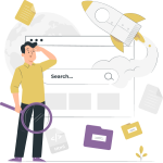 Ilustración de un hombre con una lupa en la mano que observa como despega un cohete que sale desde un buscador de internet.