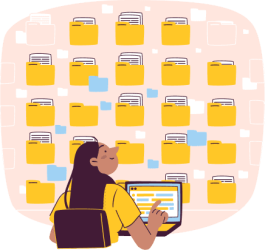 Ilustración de una mujer mirando un conjunto de carpetas a través de su portátil