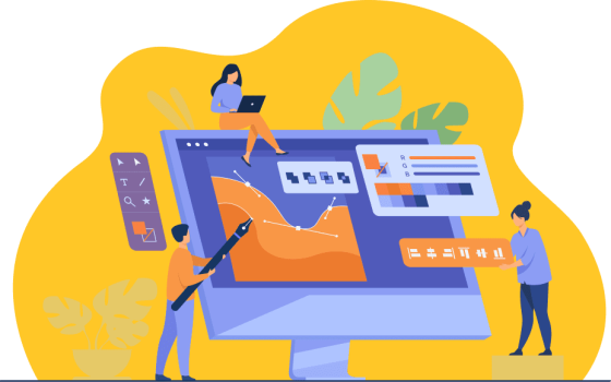 Ilustración de 3 personas trabajando en un ordenador elementos de diseño gráfico