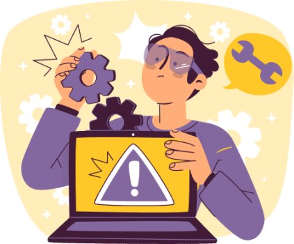 Ilustración de hombre con gafas de protección arreglando un portátil en el que hay una aviso.