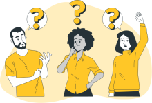 Ilustración de 3 personas preguntándose algo, aparecen bocadillos encima de sus cabezas con signo de interrogación.