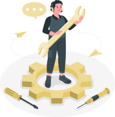 Ilustración de un técnico manteniendo una conversación a través de sus cascos con microfono. Hay herramientas y piezas por el suelo