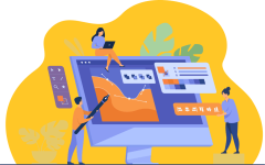 Ilustración de 3 personas trabajando en un ordenador elementos de diseño gráfico