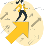 Ilustración de una mujer que flota sobre una flecha amarilla que va hacia arriba.