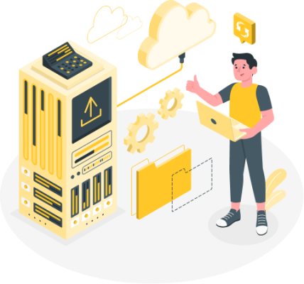 Ilustración de un chico con un ordenador al lado de un servidor de gran tamaño