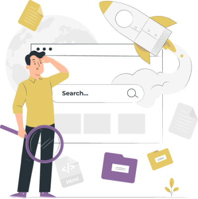 Ilustración de un hombre con una lupa en la mano que observa como despega un cohete que sale desde un buscador de internet.