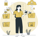 Ilustración de una mujer manejando archivos y carpetas que flotan a su lado