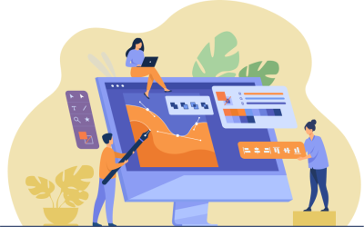 Ilustración de tres personas alrededor de un ordenador manejando elementos de diseño gráfico.