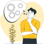 Ilustración de un hombre pensando, se puede observar un bocadillo con engranajes en su interior